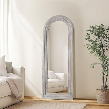 MELOMOIR Arched Full Length Mirror with Solid Wood Frame, 56"x21" Rustic Farmhouse Floor Mirror with Stand, Free Standing Leaning Hanging, for Bedroom Living Room Dressing Room, Distressed White