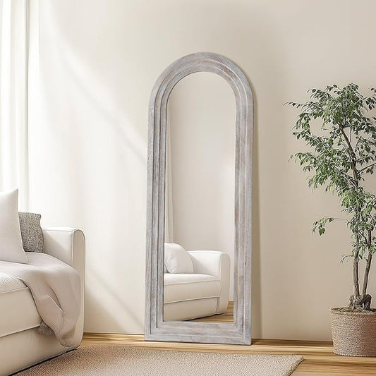 MELOMOIR Arched Full Length Mirror with Solid Wood Frame, 56"x21" Rustic Farmhouse Floor Mirror with Stand, Free Standing Leaning Hanging, for Bedroom Living Room Dressing Room, Distressed White