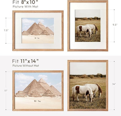 11x14 Picture Frame, 11x14 Solid Oak Frames with Mat to 8x10, 14x11 Wooden Frames for Wall, Natural Oak Wood Frame, Set of 3