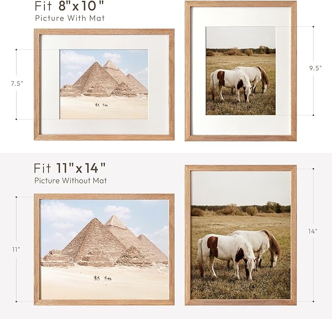 11x14 Picture Frame, Solid Oak 11x14 Photo Frame with Mat to 8x10, 14x11 Natural Oak Wood Frames for Wall, Set of 1