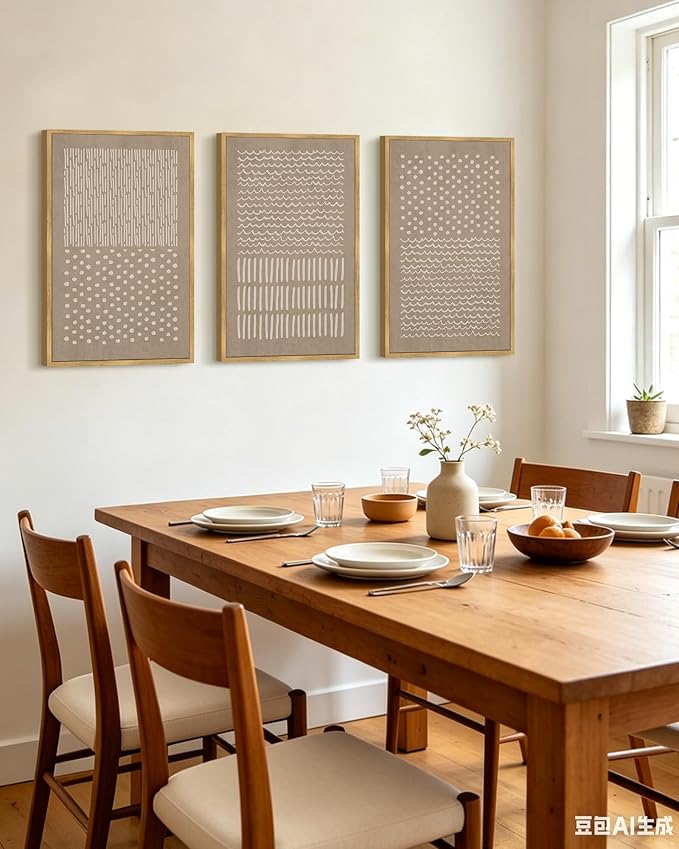 PHOPAGO Boho Mid-Century Modern Framed Wall Art Large 16x24in Minimalist Geometric Neutral Wall Decor Bohemain Artwork Home Office Dining Room Decor - Natural Framed