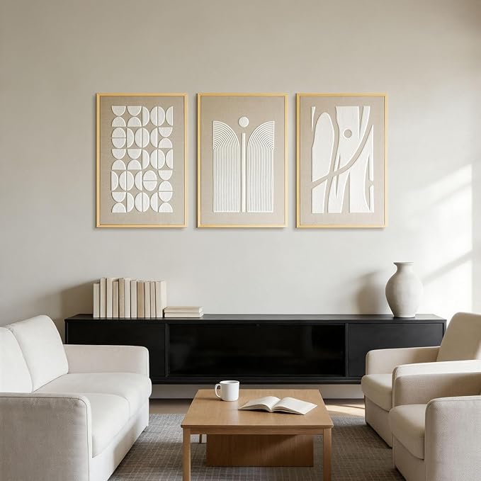 Thalasse 3D Textured Abstract Wall Art for Bedroom, 3 Piece Modern Minimalist Geometric Arch Canvas Artwork, Beige White Linen Pictures with Solid Wood Frame for Office Living Room Decor, 16x24 In