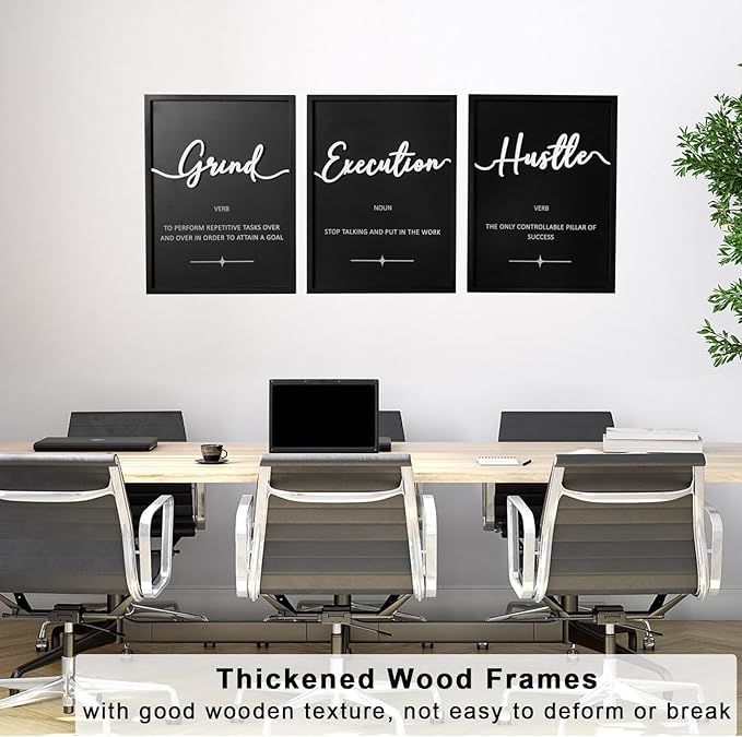 3D Wood Office Wall Art, Framed Grind Hustle Success Inspirational Wall Art, Motivational Wall Decor for Office Bedroom(Ready to Hang, 12x16 inches, Set of 3, Framed)