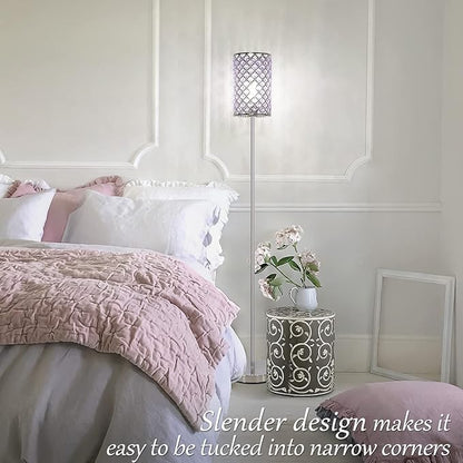 Floor Lamp for Bedroom, Lavender Crystal Floor Lamp with Glam Shade, Elegant Standing Lamp with On/Off Foot Switch & Silver Base, Corner Pole Lamp for Girls Bedroom, Living Room, Office (E26 Base)