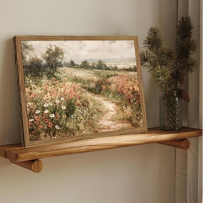 Vintage Floral Wall Art Nature Country Wildflower Wall Decor Painting Modern Botanical Flower Farmhouse Landscape Artwork 3D Textured Sandstone for Living Room Bedroom 16x24 inch Wood Framed