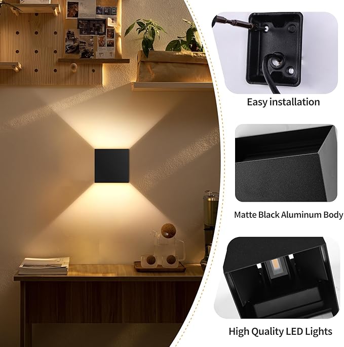 Modern LED Wall Sconce, 3000K Warm White Up & Down Wall Light for Bedroom, Wall Lamp with Adjustable Angle, Black Minimalist Design for Living Room, Bedroom, Hallway, Corridor (2 Pack)