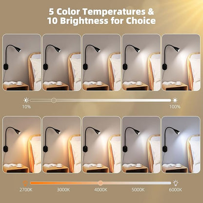 LiFMIRA Wall-Mounted LED Bedside Reading Light with USB Charging Port, 10-Level Dimmable & Adjustable 5 Color, Plug-in Adhesive Night Lamp for Books in Bed, Eye-Caring Bedroom Lighting (Black)