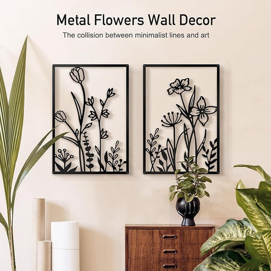 Sokurdeg Black Metal Flower Wall Decor, Minimalist Floral Botanical Wall Art, Abstract Line Boho Farmhouse Decor for Living Room, Bathroom, Bathroom, Office, Meaningful Gift (4 Pcs, 12x17 in)