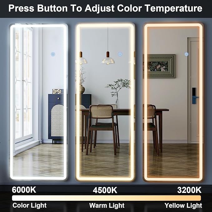 GLSLAND LED Full Length Mirror - 56" x 20" Floor Standing Mirror with Light for Bedroom/Cloakroom -Dimmable & 3 Color Lighting/Wall Mounted Full Body Mirrors