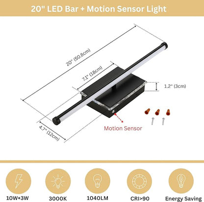 20-Inch Smart LED Vanity Light Bar | Dual Light Source (10W Main/3W Motion Sensor) | 4 Switch Modes (Incl. Night Light) | 3000K, 1040LM, CRI 90+, Dimmable, ETL (Matte Black)