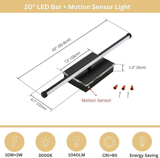 20-Inch Smart LED Vanity Light Bar | Dual Light Source (10W Main/3W Motion Sensor) | 4 Switch Modes (Incl. Night Light) | 3000K, 1040LM, CRI 90+, Dimmable, ETL (Matte Black)