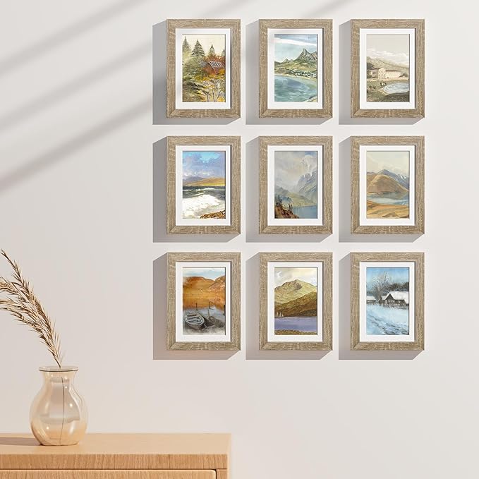 Vittanly 5x7 Picture Frames Set of 9, Display 4x6 Pictures with Mat or 5x7 without Mat, Photo Frames for Wall or Tabletop with Plexiglass, Engineered Wood, Light Wood