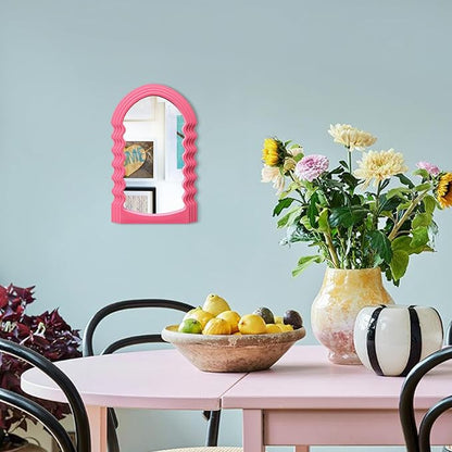 Wavy Wall Mirror for Living Room Decor, Velvet Finish Funky Wall Mounted Mirror for Girly Bedroom Decoration, Cute Hanging Sculpture Home Accent for Dining Room Kitchen (Pink)