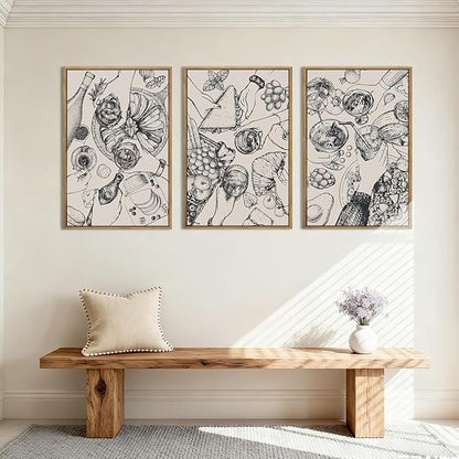 BINCUE Framed Food Wood Wall Art Set of Three Modern Cheers Kitchen Wall Decor Abstract Friends Party Art Print for Kitchen Dining Room Living Room 16x24 Inch