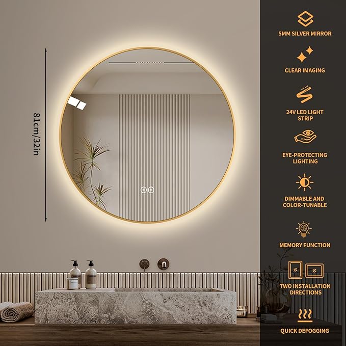 LAIYA 32 Inch Round LED Bathroom Mirror with Lights, Gold Aluminum Frame, Anti-Fog Dimmable Backlit Vanity Mirror, 3 Color Temperature, Memory Function, Wall Mounted Lighted Bathroom Mirror