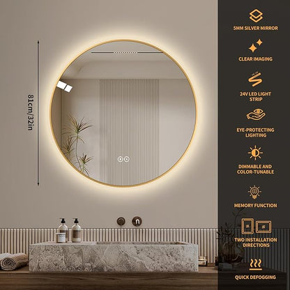 LAIYA 32 Inch Round LED Bathroom Mirror with Lights, Gold Aluminum Frame, Anti-Fog Dimmable Backlit Vanity Mirror, 3 Color Temperature, Memory Function, Wall Mounted Lighted Bathroom Mirror