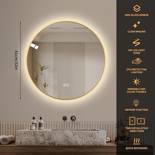 LAIYA 32 Inch Round LED Bathroom Mirror with Lights, Gold Aluminum Frame, Anti-Fog Dimmable Backlit Vanity Mirror, 3 Color Temperature, Memory Function, Wall Mounted Lighted Bathroom Mirror