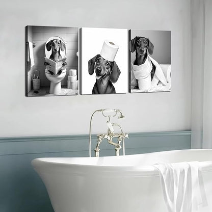 Funny Dachshund Dog Wall Art Set of 3, Dachshund Bathroom Wall Decor Paintings, Black and White Dog Pictures Animal Canvas Posters Prints for Bathroom Restroom Home Decor Framed 16x24 Inch