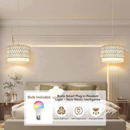 ZSLAIFU Hanging Lamp Plug in Pendant Light, 15FT White Hanging Lights with Plug in Cord, Hanging Light with Bulb and Remote, Hanging Lamps for Bedroom, Living Room, Kitchen, Farmhouse