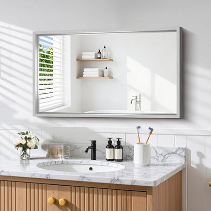 CIRCUMI 24"x40" Brushed Silver Mirror with Chunky Box Metal Frame, Bathroom Mirror for Vanity Remodel & New Home, Living Room, Entryway, Rectangular Wall Mirror, Tempered Glass, Vertical or Horizontal