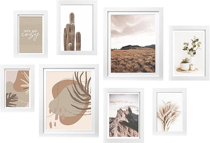 ArtbyHannah Gallery Wall Frame Set,White Picture Frames Collage Wall Decor with Neutural Art for Living Room Stariway,8 Pack Assorted Size 8"x10",5"x7",4"x6", Small