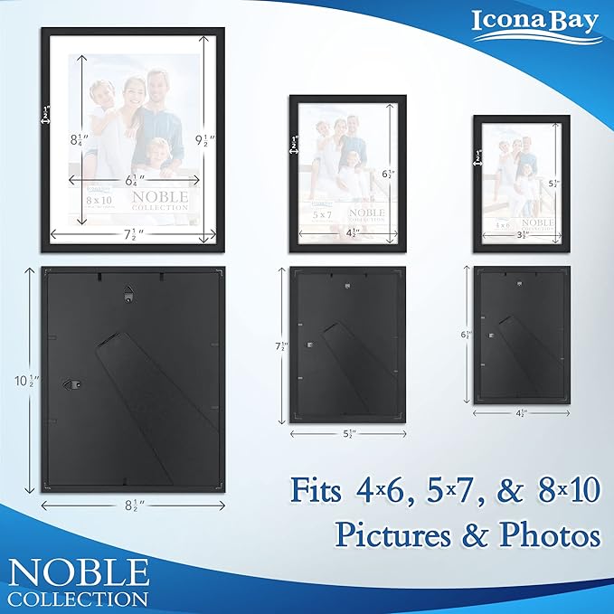 Icona Bay Combo-Sizes Black Picture Frames Set - 10 PC (Four 4x6, Four 5x7, Two 8x10), Noble Collection Multi-Pack, Modern Professional Design for Wall Gallery