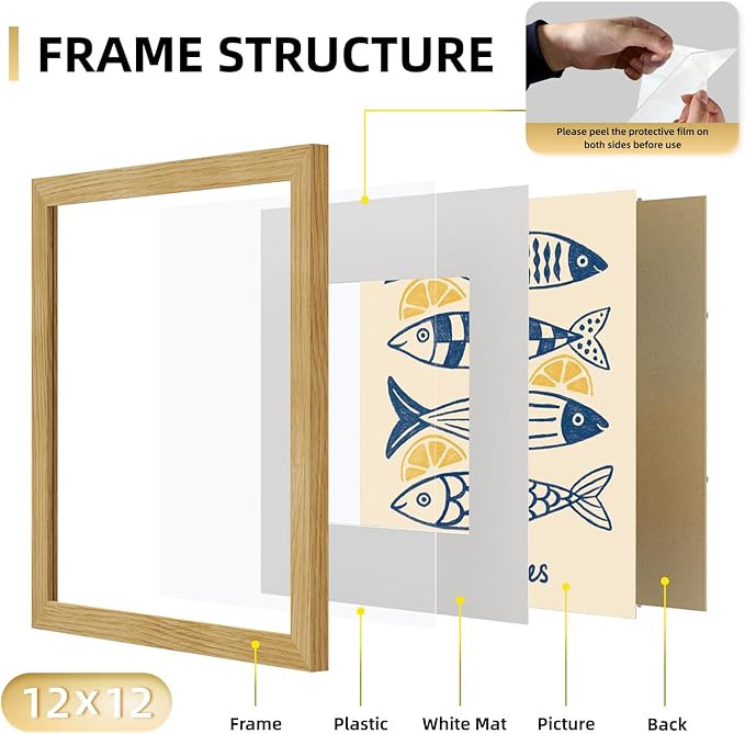 YESKAY 12x12 Picture Frame Set of 9, Photo Gallery Wall Frame Set, Display Pictures 8x8 with Mat or 12 x 12 Without Mat, Square Frame Picture Frames Collage Wall Decor, Natural Oak