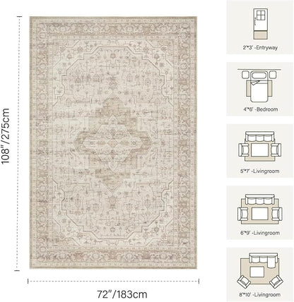 Rugxara 6x9 Washable Area Rug for Living Room, Vintage Neutral Large Boho Rugs for Office, Dining Room, Kids Room, Farmhouse, Durable Low Pile Non Slip Carpet for High Traffic Areas, Cream