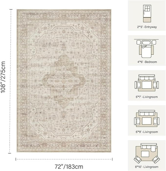 Rugxara 6x9 Washable Area Rug for Living Room, Vintage Neutral Large Boho Rugs for Office, Dining Room, Kids Room, Farmhouse, Durable Low Pile Non Slip Carpet for High Traffic Areas, Cream