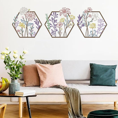 ESTART 3 Pcs Metal Flower Wall Decor, Minimalist Floral Wall Hanging Art, Abstract Line Floral Wall Art Sculpture for Bedroom Bathroom Living Room Kitchen Dining Room (Colorful)
