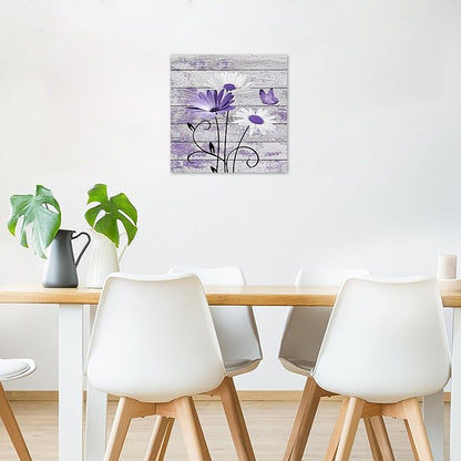 HVEST Farmhouse Purple Floral Wall Art for Living Room, Daisy and Butterfly on Rustic Wood Canvas Wall Art Nature Plant Flower Pictures for Bathroom Bedroom Apartment Wall Decor,12L X 12W inches