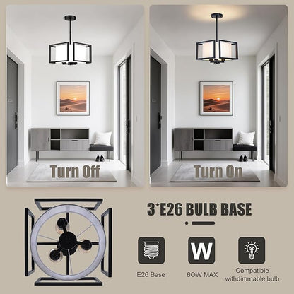 FRIDEKO HOME Flush Mount Ceiling Light Fixture - 3-Light Modern Semi Flush Mount Ceiling Light with Fabric Shade Black Metal Frame Drum Ceiling Lights for Bedroom Hallway Kitchen Living Room Entryway