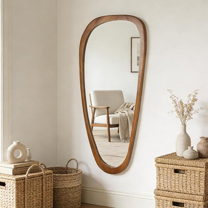 Ruomeng Full Length Irregular Wall Mirror, 48 x 22 Inch Wooden Mirror, Boho Large Decorative Asymmetrical Mirror for Bathroom, Living Room, Bedroom, Entryway, Farmhouse, Tempered Glass, Shatterproof