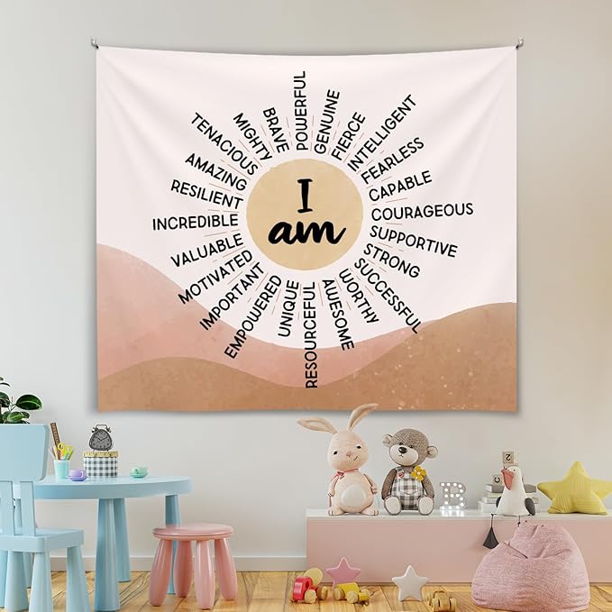 Soft Flannel Wall Tapestry – I Am Kind ,I Am Strong Inspirational Tapestry,Boho Wall Hanging Decor for Bedroom Living Room Kids Room Decor,Birthday Party Wall Art Decoration 59x51 inch (Colorful-You are kind) (Orange-I am)
