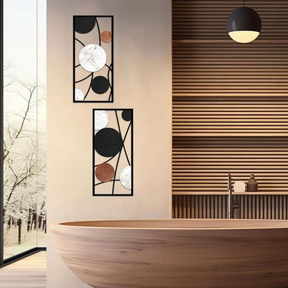 ruelen 2 Pieces Metal Wall Art，Abstract Geometric Circle Decor with Marble Texture, Modern Minimalist Black White Brown Wall Sculpture for Living Room，Bedroom，Office