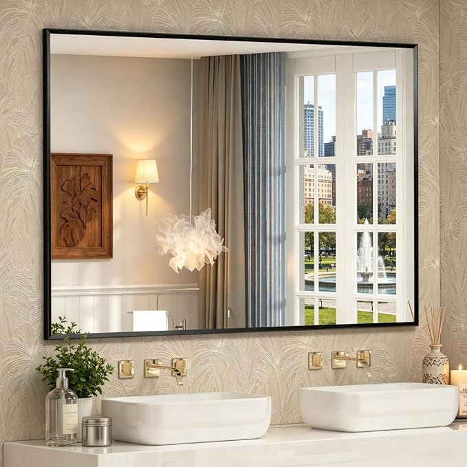 55" x 36" Matte Black Bathroom Mirror for Wall, Rectangular Beveled Vanity Mirror with Aluminum Alloy Frame, Right Angle Corner, HD Reflection, Horizontal or Vertical Mount
