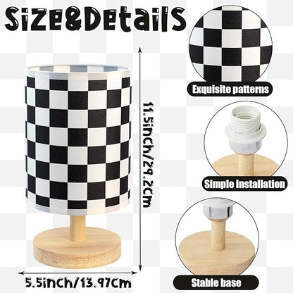 Black White Checkered Table Lamp for Bedroom Kids Bedside Lamp with Linen Wooden Nightstand Cartoon Nursery Lampshade for Checkered Decor
