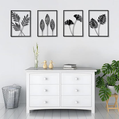 QXSXKJ Metal Wall Art, Black Frame Decor 4pack Modern Farmhouse Decor, 3d Metal Wall Ginkgo Art With Lamp for Living Room, Bedroom, Kitchen, Office (without light 17x12)