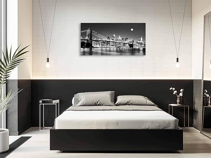 Baisuart-Q30350 Brooklyn Bridge Night View 1 Panels Landscape Artwork Canvas Prints Moon Night New York City Scene Picture Paintings Black and white Wall Art for Oiffce Home Decorations Wall Decor