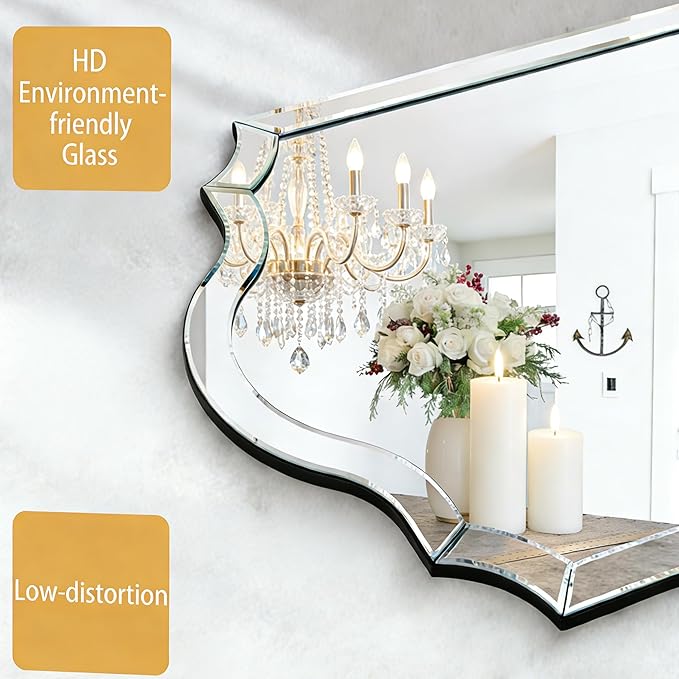 Chende Double Arch 59"x30" Frameless Beveled Decorative Wall Mirror, Elegant Large Living Room Mirror with Solid Wood Backboard, Horizontal Vertical Hanging for Entryway Bathroom Dining Room, Unique