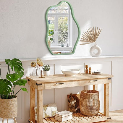 Asymmetrical Large Mirror Irregular Modern Mirror for Wall Decor Wooden Framed Hanging Wall Mirror Unique Shape Vanity Cloud Mirrors Decorative for Bedroom Bathroom Living Room Entryway
