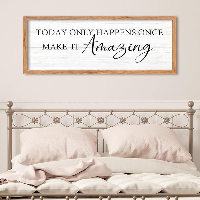 AuraPeak Today Only Happens Once Make It Amazing Inspirationa Quotes Wall Decor Frame Rustic Vintage Home Living Room Wall Art Hanging (Wood 40"×15")