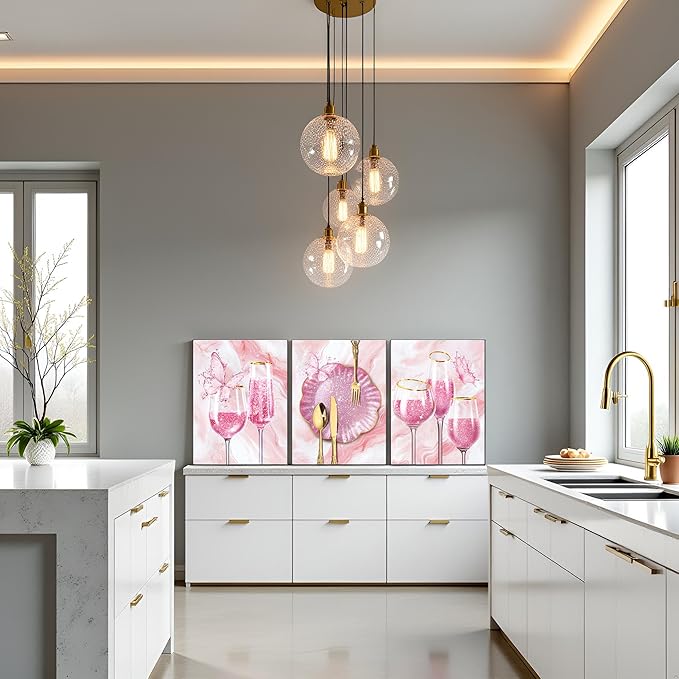 sechars 3 Pieces Set Kitchen Wall Decor Pink Wine Glass Wall Art Gold Utensils Canvas Prints Modern Dining Room Pictures (Pink)
