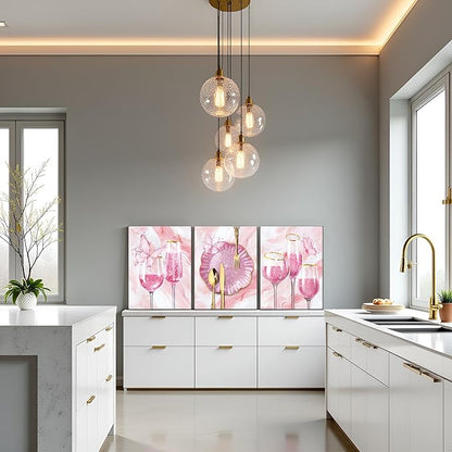 sechars 3 Pieces Set Kitchen Wall Decor Pink Wine Glass Wall Art Gold Utensils Canvas Prints Modern Dining Room Pictures (Pink)