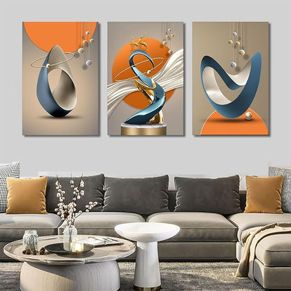 3 Pcs Modern Abstract Canvas Wall art Golden Deer Luxury Foil Lines Paintings Pictures Wall Decoration White Blue orange color Grey posters Prints for Living Room Bedroom Office Home Decoration