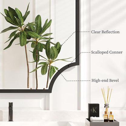 Kelly Miller 30"x40" Large Black Bathroom Mirror for Wall, Gold Scalloped Vanity Mirror Bevelled Framed Decorative Mirror for Master Bath Half Bath Entrance Hallway Fireplace Bedroom Living Room