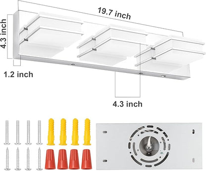 3 Color Temperature Dimmable Bathroom Light Fixtures over Mirror, LED Chrome 3 Light Vanity Lighting Fixtures, Acrylic Stainless Steel Square Shade Vanity Lights for Bathroom, ETL Certificated