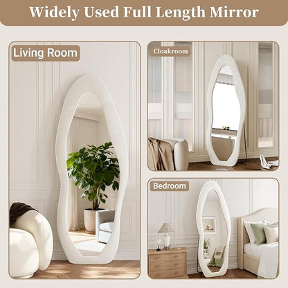 Full Length Mirror, 63"x24" Full Body Mirrors, Flannel Floor Mirrors with Stand, Irregular Wavy Mirror Hanging or Leaning Against Wall for Bedroom Living Room, Beige