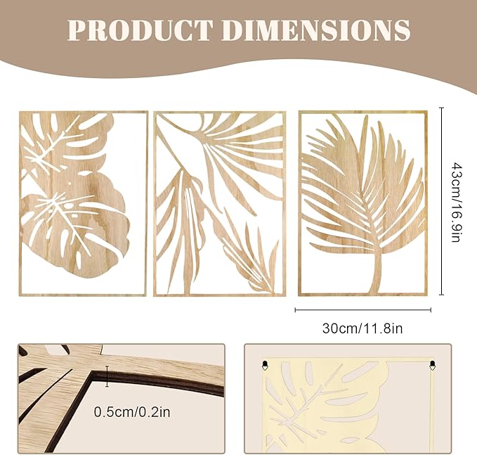 Jinzhenhong 3Pcs Modern Wooden Wall Sculptures, Leaf Sign Vintage Tropical Plant Wall, Wood Rustic Palm Leaf Wall Art Decor for Living Room Bathroom Bedroom Office (Leaf 1 Light Brown)