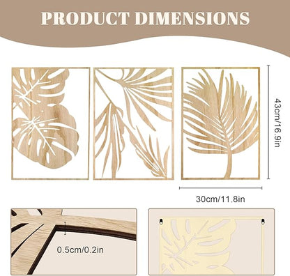Jinzhenhong 3Pcs Modern Wooden Wall Sculptures, Leaf Sign Vintage Tropical Plant Wall, Wood Rustic Palm Leaf Wall Art Decor for Living Room Bathroom Bedroom Office (Leaf 1 Light Brown)